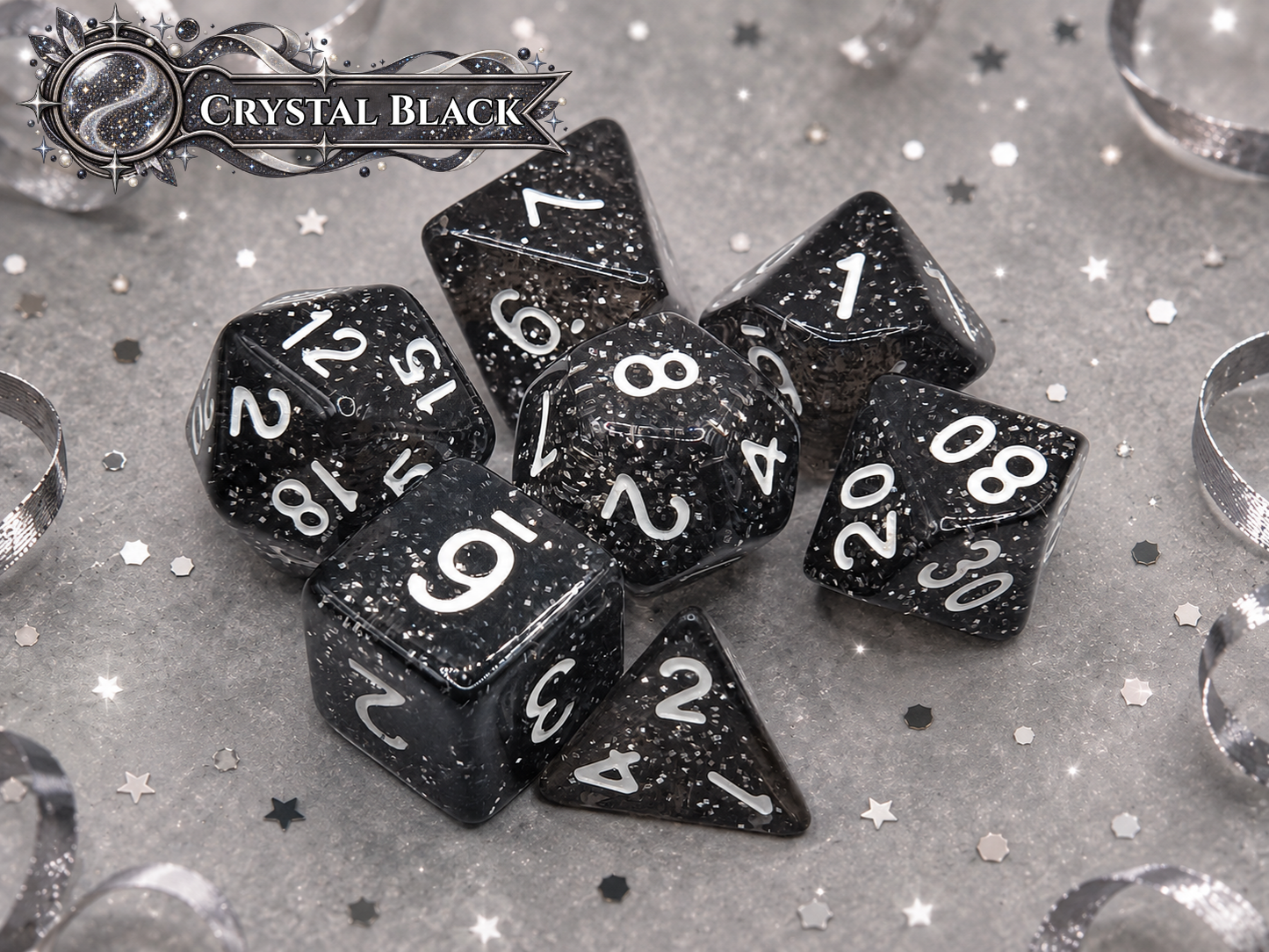 Black Crystal Glitter – 7 Pack RPG Dice