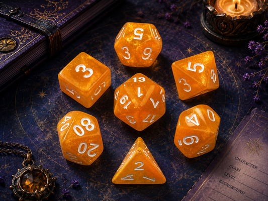 Amber Blaze Glitter Orange – 7 Pack RPG Dice