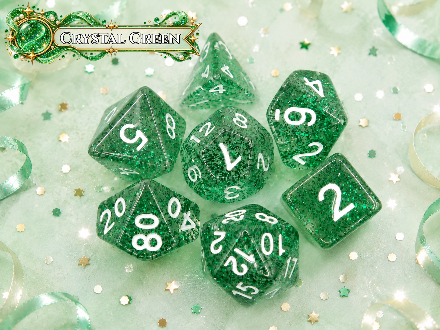 Green Crystal Glitter  – 7 Pack RPG Dice