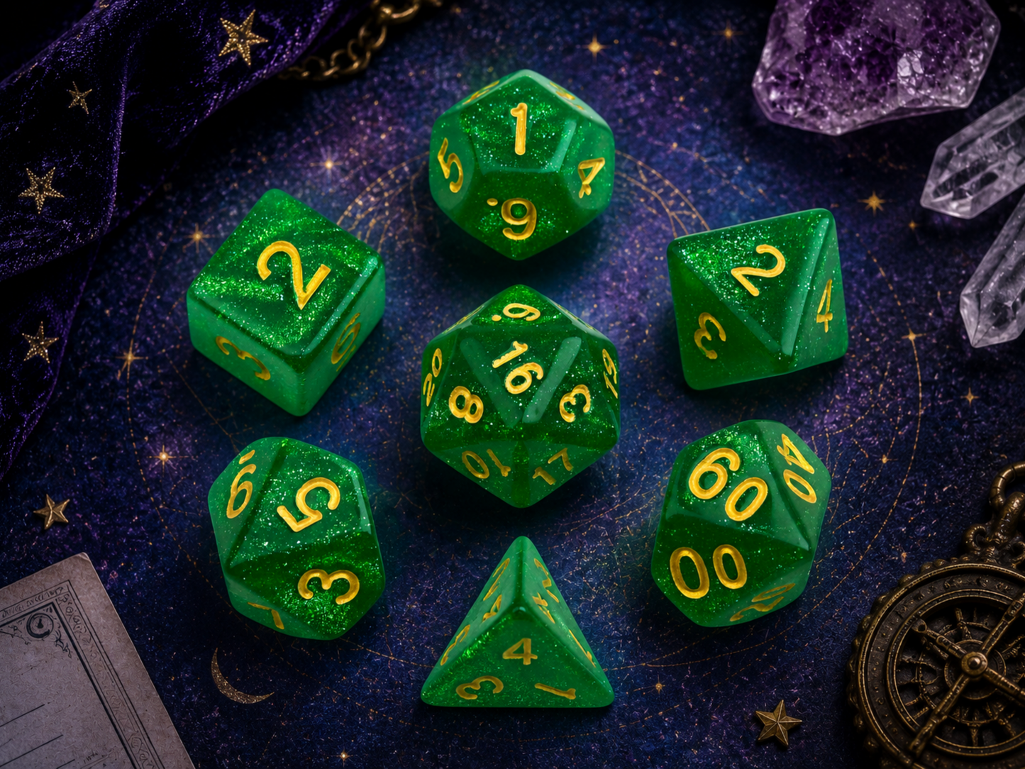 Feywild Emerald Glitter Green – 7 Pack RPG Dice