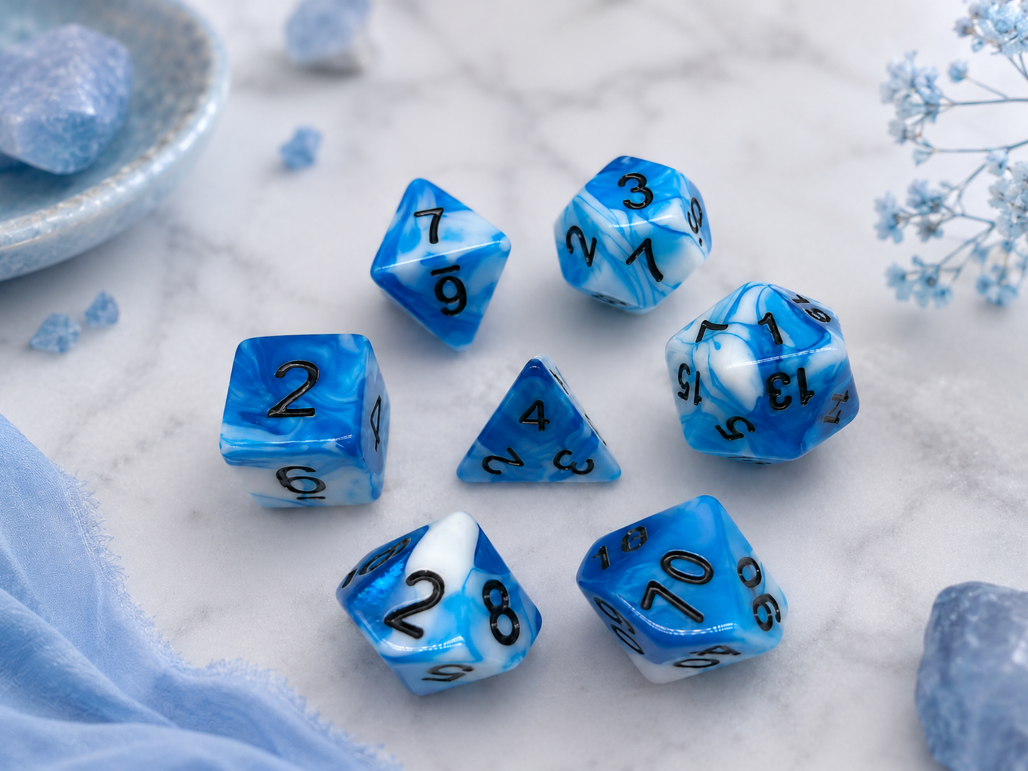 Sky Blue & White Dyed – 7 Pack RPG Dice