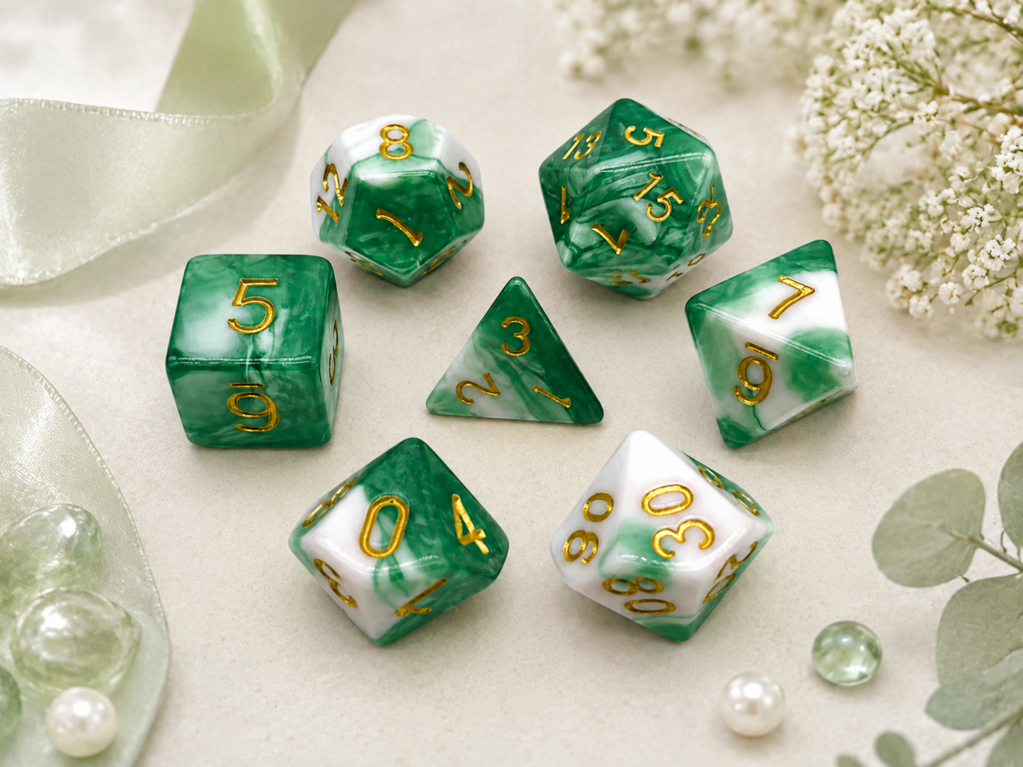 Jade Green & White Dyed – 7 Pack RPG Dice