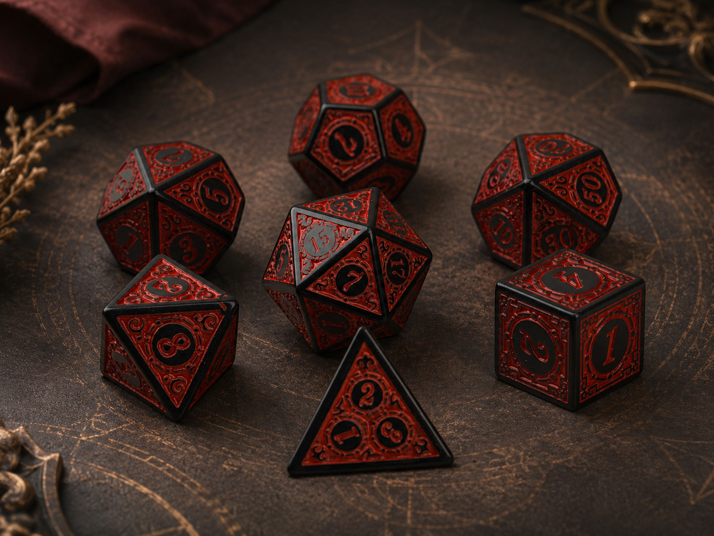 Raging Red Runic Engraved – 7 Pack RPG Dice