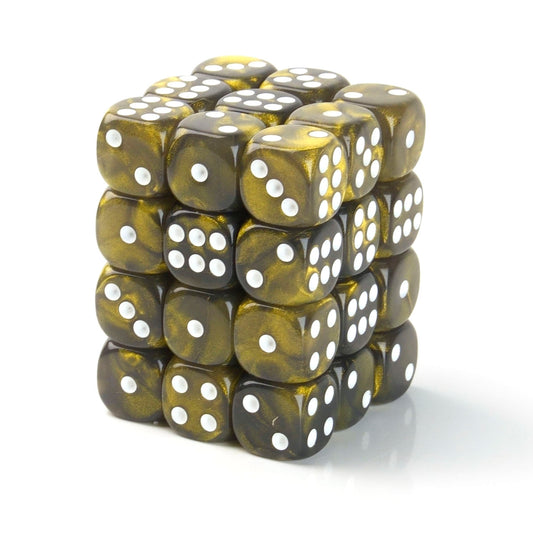 Galaxy Black and Gold - 12mm Marble D6 Dice – 36 Pack
