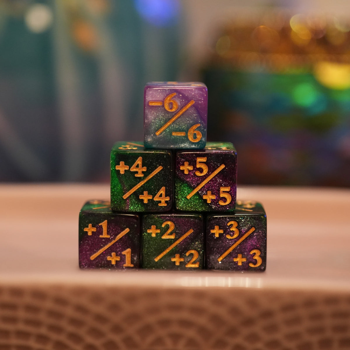 Dark Galaxy Green and Pink/Blue + / - Counter Dice – 12 Pack