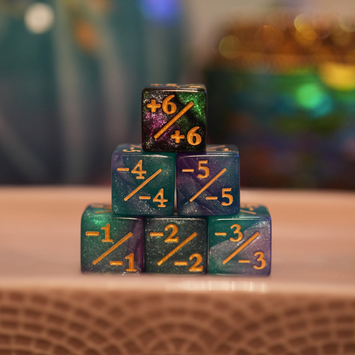 Dark Galaxy Green and Pink/Blue + / - Counter Dice – 12 Pack