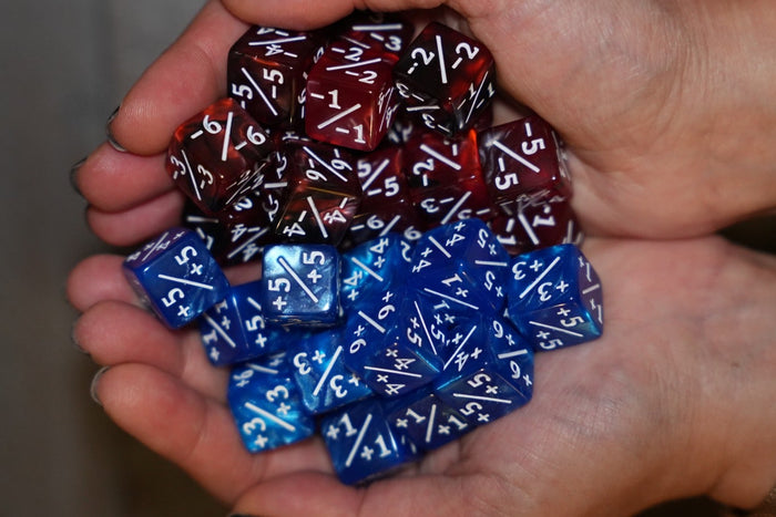 Marble Blue and Red + / - Counter Dice – 12 Pack