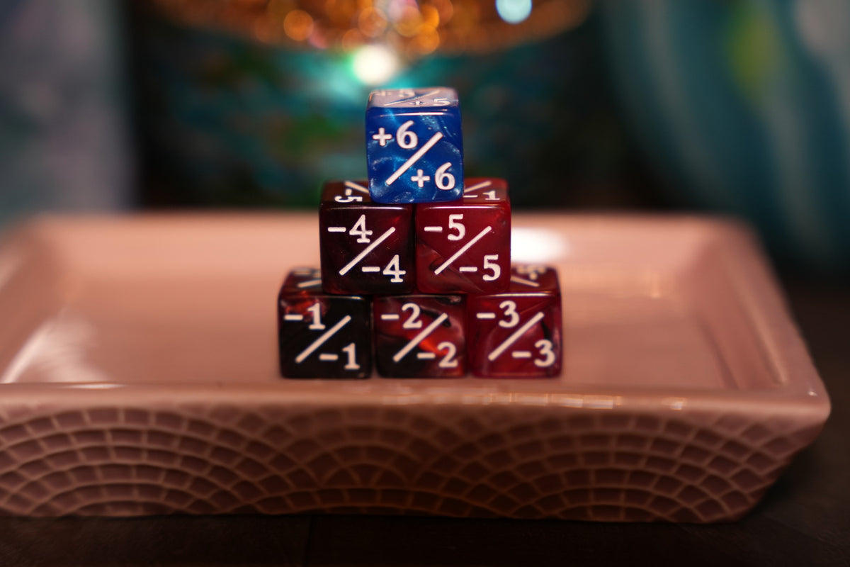 Marble Blue and Red + / - Counter Dice – 12 Pack