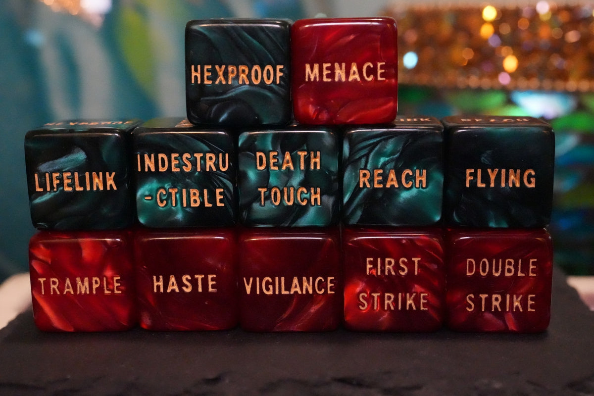 Red and Teal MTG Keyword Dice – 12 Pack