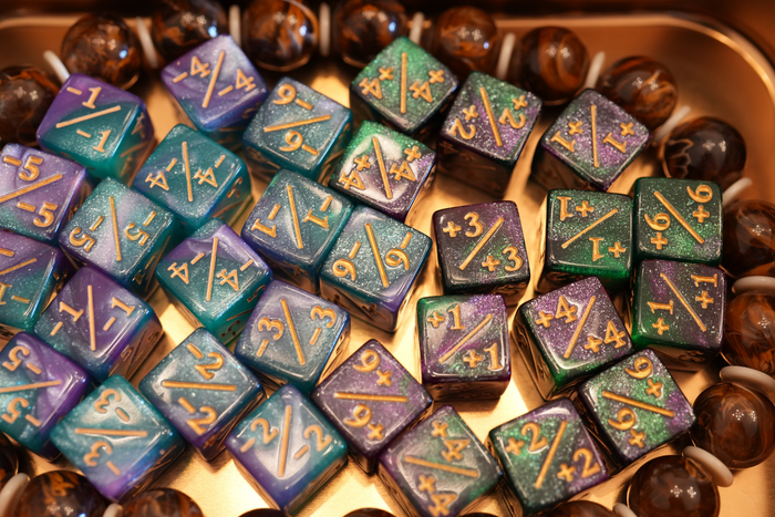 Dark Galaxy Green and Pink/Blue + / - Counter Dice – 12 Pack